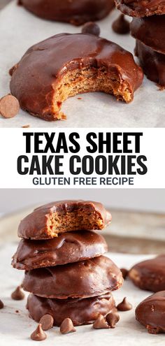 chocolate covered cookies stacked on top of each other with the words texas sheet cake cookies