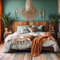 a bed with blankets and pillows on top of it in a room filled with potted plants