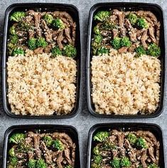 four black trays filled with rice and broccoli covered in beef stir fry