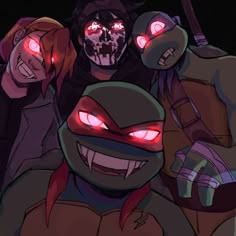 the teenage mutant ninjas are posing for a photo with their red eyes and glowing head lights