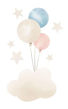 three balloons are floating in the sky with stars on it's sides and one is pink, blue, and white