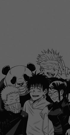 black and white photo of anime characters with pandas in the background, one holding up his fist