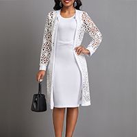 Best Sellers Lace Dress Classy, Dress And Cardigan, Modest Dresses Fashion, White Two Piece, Elegant Dresses Classy, Dress And Jacket