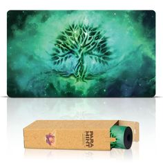 a corked box with an image of a tree in the sky on it's side