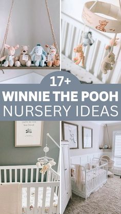 some baby cribs with stuffed animals hanging from them and the words winnie the pooh nursery ideas