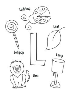 the letter l is for lion coloring page with pictures and words to color on it