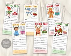 five christmas gift tags with the words giving tree and santa's helper on them