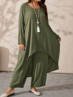 Plus Size Women's Fall Solid Color Round Neck Long Sleeve Asymmetric Hem Top And Wide Leg Pants Loose 2-Piece Set, Winter For Women Army Green Casual  Long Sleeve Woven Fabric Plain  Non-Stretch  Women Plus Clothing, size features are:Bust: ,Length: ,Sleeve Length: