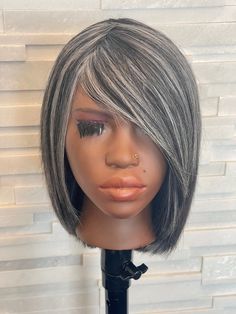 8 inch 180 density  Beautiful salt and pepper straight 100% human hair NO lace wig ( Even more beautiful in person)fits small to large head Pixie Bob With Bangs, Bob With Bangs, Pixie Bob, Wigs With Bangs, Lace Wig, Bob Cut, 100 Human Hair, Hairstyles With Bangs, Salt Pepper