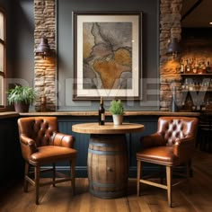 two leather chairs sitting at a table in a room with brick walls and wood floors