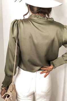 Green Frilled V Neckline Buttoned French Shirt Elegant Khaki Blouse For Fall, Elegant Khaki Fall Blouse, Chic Long Sleeve Khaki Tops, Chic Collared Khaki Top, Elegant Khaki Tops For Fall, Elegant Khaki Tops For Spring, Ruffles Pattern, Autumn Sleeve, Cheap Shoes Online