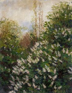 an oil painting of white flowers and trees