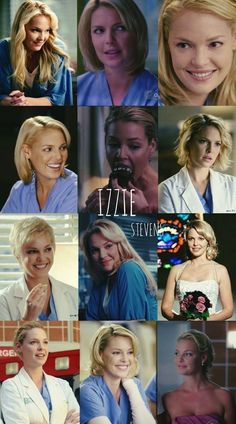 many different pictures of the same woman in blue and white clothing, one with blonde hair