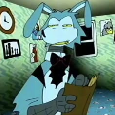 an animated image of a dog with a book in his hand and other things on the wall behind him