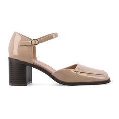 Step into chic sophistication with the Evangeline stacked block heel from Journee Collection, featuring a stylish square toe and a trendy 2 1/2-inch stacked heel. Crafted from faux leather, these heels showcase an ankle strap with a buckle closure for both fashion and a secure fit. The 4 mm tru comfort foam footbed, coupled with the man-made outer sole, ensures comfort and style, making the Evangeline stacked block heel a versatile and fashionable choice for any occasion.Features: ComfortClosure Dorsay Heels, Pump Heels, Patent Heels, Closed Toe Shoes, Patent Shoes, Square Toe Heels, Wide Shoes, Famous Footwear, Buckle Shoes