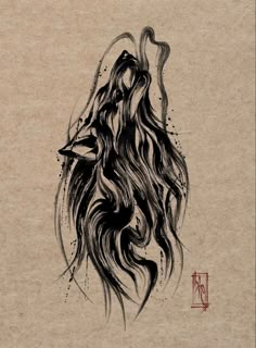 a black and white drawing of a wolf's head with long hair on it