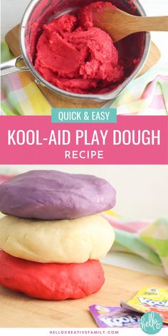 two pictures with the words, quick and easy kool - aid play dough recipe