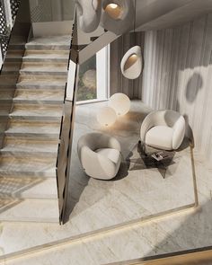 the stairs in this modern living room are designed to look like they have been made from marble