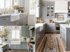 the kitchen is decorated in gray and white colors, with gold trimmings on the cabinets