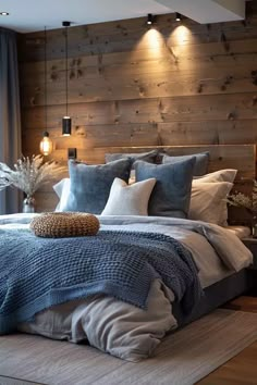 a bedroom with wood paneling and blue bedding