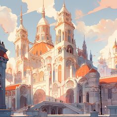 an artistic painting of a cathedral in the middle of a city with tall spires