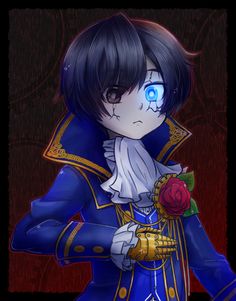 an anime character with blue eyes and long black hair wearing a blue outfit, holding a rose in her hand