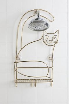 a shower head with a cat on it and a faucet hanging from the wall