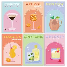 four different types of gin and tonic posters