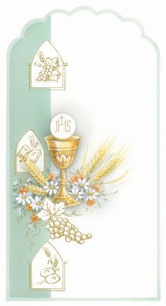 a card with an image of a chalicer and wheat on the side, surrounded by flowers