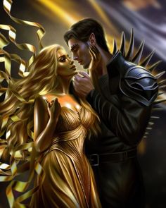 a painting of a man and woman kissing in front of a golden background with streamers