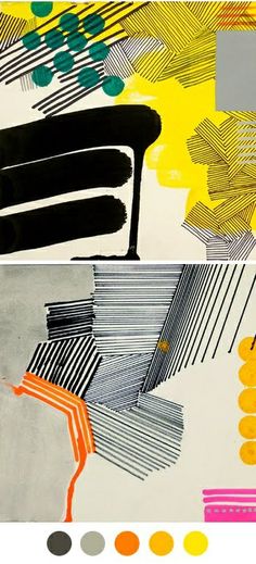 two paintings with different colors and shapes on them, one is black, the other is yellow