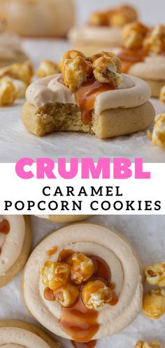 some cookies with caramel toppings on them and the words crumbl in front