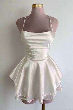 White Straps Lace-Up A-Line Short Party Dress Full shot White Short Quinceanera Dresses, Interesting Hoco Dresses, White Short Hoco Dress, Satin White Short Dress, White Fairy Dress Short, Dresses For A Night Out, Short Event Dresses, Gorgeous Prom Dresses Short, Short A Line Dresses