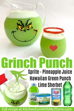 the grinch punch recipe has been made with pineapple juice, hawaiian green punch and lime sherbet