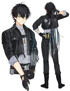 an anime character with long black hair and wearing a leather jacket, standing next to another character