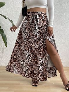 Plus Size Women's Vacation Tie Knot Leopard Print Side Slit Skirt Multicolor Casual   Fabric Leopard Print,Textured Pattern Slit Non-Stretch  Women Plus Clothing, size features are:Bust: ,Length: ,Sleeve Length:#PlusSizeSummerFashion #CasualOutfitsPlusSize #BohoPlusSizeOutfits Split Hem Skirt, Midi Dress Casual, Plus Size Kleidung, Women's Shapewear