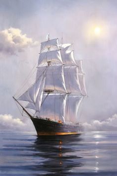 an oil painting of a sailing ship in the ocean with clouds and sun behind it