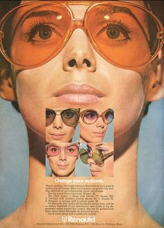 Just imagine how you'll look as you turn your head slightly different ways. (Funny bad retro sunglasses ads) Retro Sunglasses 70s, Sunglasses Ads, Glasses 70s, 60s Sunglasses, Eyewear Ad, Late 60s Fashion, 70s Sunglasses, Funny Sunglasses