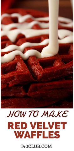 red velvet waffles with white icing being drizzled on top