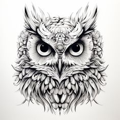 an owl's head with large eyes is shown in this black and white drawing