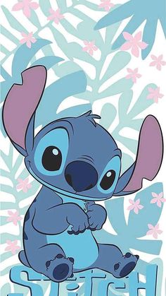 a cartoon character sitting on top of a flowery plant with the words stitch written below it