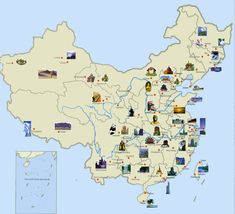 a large map of china with all the major cities and their main rivers in it