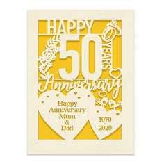 a 50th anniversary card with two hearts and flowers