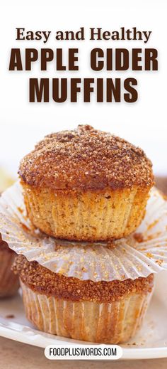 apple cider muffins stacked on top of each other with text overlay