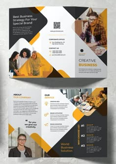 two sided business brochure with an orange and black design