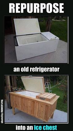 an old refrigerator is turned into an ice chest