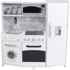 a white toy kitchen with a sink, stove and microwave