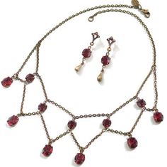 This Delicate Vintage Jewelry Set Comes With A Necklace And Pair Of Earrings, On Burnished Bronze, In Two Beautiful Color Choices. Perfect Dressed Down With Jeans And Your Favorite Top, Or Dress It Up For A Night Out! This Listing Is For The Red Garnet Crystal 16-18" Adjustable Length Vintage Prom Jewelry, Victorian Garnet Necklace, Star Sapphire Necklace, Simple Jewelry Set, Garnet Jewelry Set, Red Crystal Necklace, Red Heart Earrings, Edwardian Jewelry, Vintage Jewelry Sets