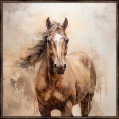 a painting of a brown horse standing in front of a white wall