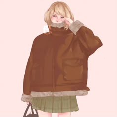 a drawing of a woman in a brown jacket and green skirt holding a handbag